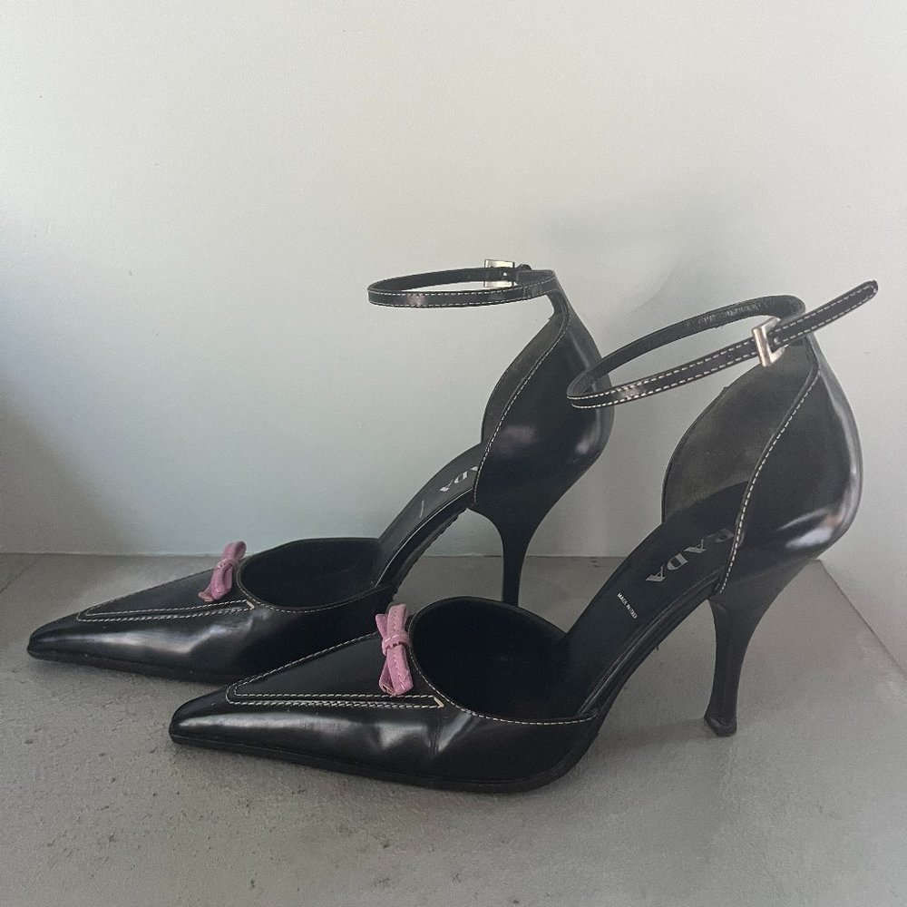 PRADA Leather Slingback Heels with Bow Accents